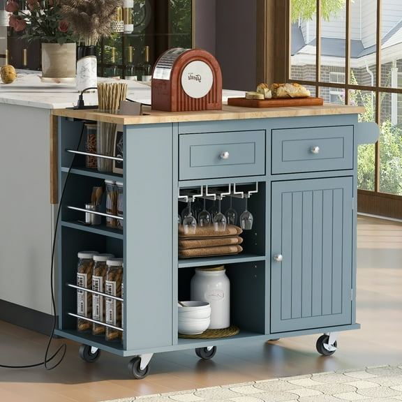 Kitchen Island Cart with Storage, Rolling Kitchen Island on Wheels with Drop Leaf, Charging Station, Wine Rack, Drawer, 3 Open Spice Rack, Kitchen Cart Island Table for Kitchen, Grey Blue