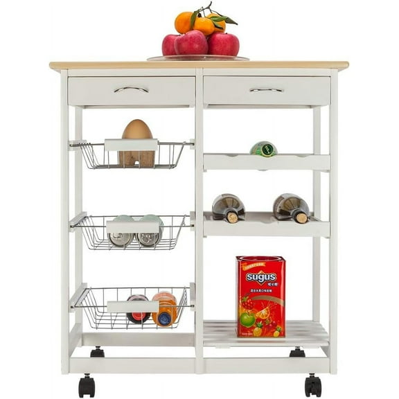 Kitchen Island Cart Table Rolling Trolley Storage with 2 Drawers & 2 Wine Racks & 3 Baskets White