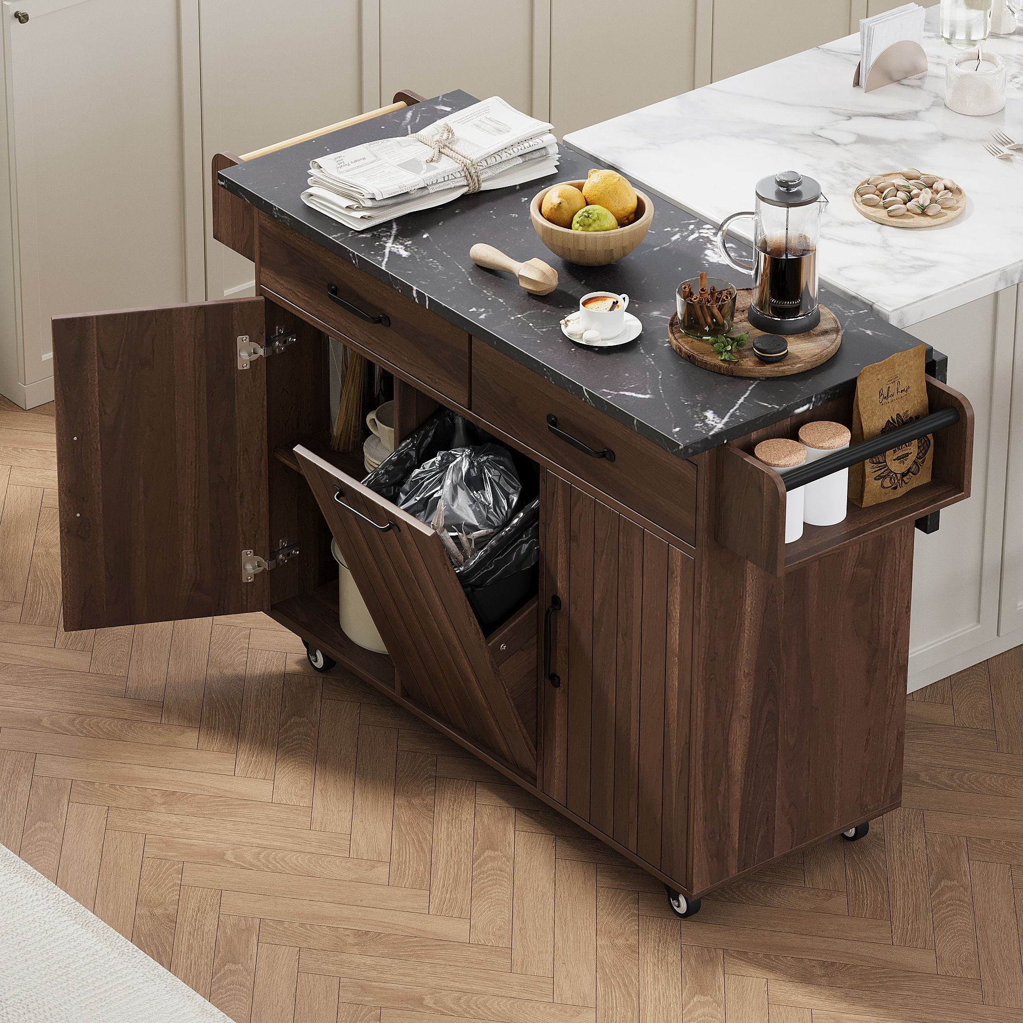 Kitchen Island Cart with Trash Can Storage Cabinet, Coffee Station Cart ...