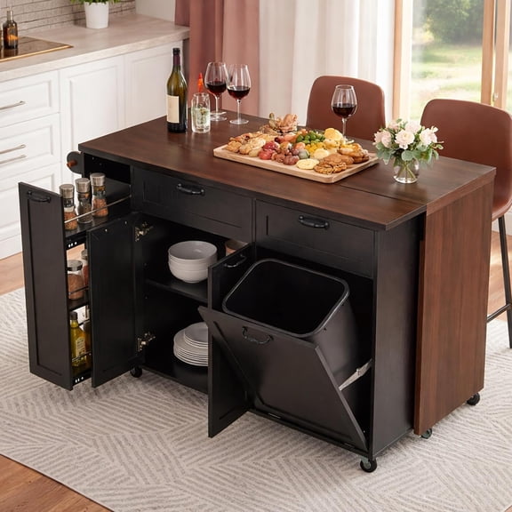 Kitchen Island Cart with Trash Can & Storage, Rolling Mobile Kitchen Island with Wheels, Extendable Dining Table, 3-Tier Pull-Out Spice Rack, Kitchen Prep Table for Dining Room & Bar (Black)