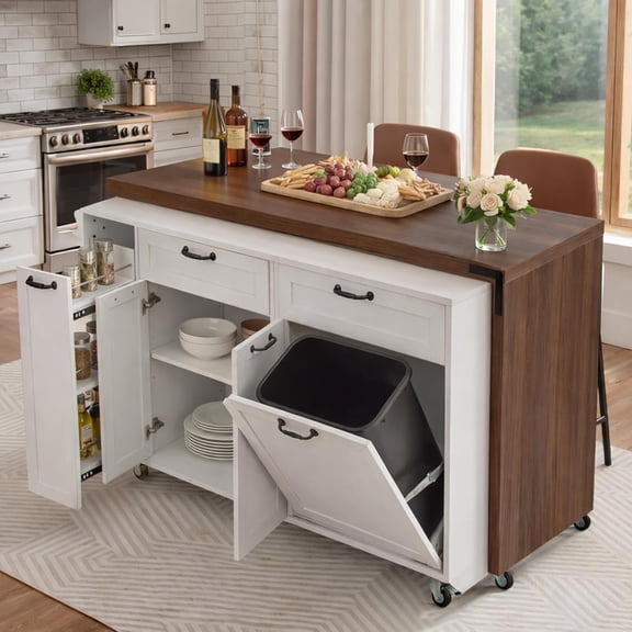 Kitchen Island Cart with Trash Can & Storage, Rolling Mobile Kitchen Island with Wheels, Extendable Dining Table, 3-Tier Pull-Out Spice Rack, Kitchen Prep Table for Dining Room & Bar (White)