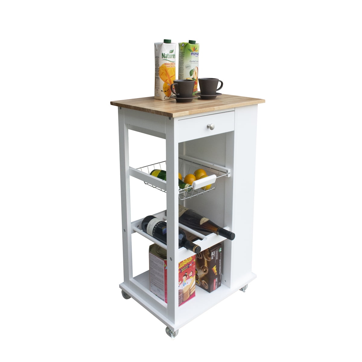 Portable Kitchen Island Cart White Modern Rolling Coffee Bar Serving  Trolley Kitchen Storage Cabinet with Rubberwood Countertop, 2 Drawers, 3  Tier Holders, Towel Rack, Spice Rack, Lockable Wheels – Built to Order