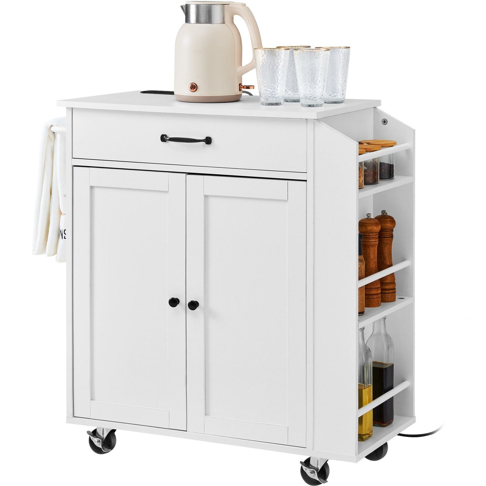 Kitchen Island Cart on Wheels with 2 Drawers, 1 Shelf & Built-in Charging Station, Mobile Rolling Storage Cabinet for Kitchen, Dining Room, Countertop Extension, Butcher Block Top, Easy Assembly