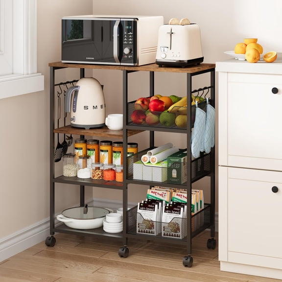 Kitchen Island Cart on Wheels - 4 Tier Rolling Kitchen Table Cart with Storage Shelves, 6 Removable Hooks& Locking Casters, Coffee Bar Cabinet for Dining Room Pantry Office, Espresso