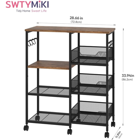 Kitchen Island Cart on Wheels - 4 Tier Rolling Kitchen Table Cart with Storage Shelves, 6 Removable Hooks& Locking Casters, Coffee Bar Cabinet for Dining Room Pantry Office, Espresso