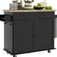 thumbnail image 1 of Kitchen Island Cart On Wheels With Ample Storage - Black. 45.5" L X 18.2" W Rubberwood Top. Drawer And 2 Cabinets For Organization. Spice Rack, Towel Hooks. Lockable Mobility Rolling Versatile, 1 of 6