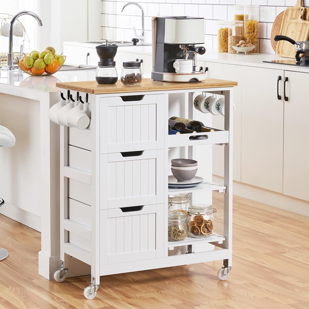 Kitchen Island Cart on Wheels with Bamboo Countertop, Rolling Serving ...