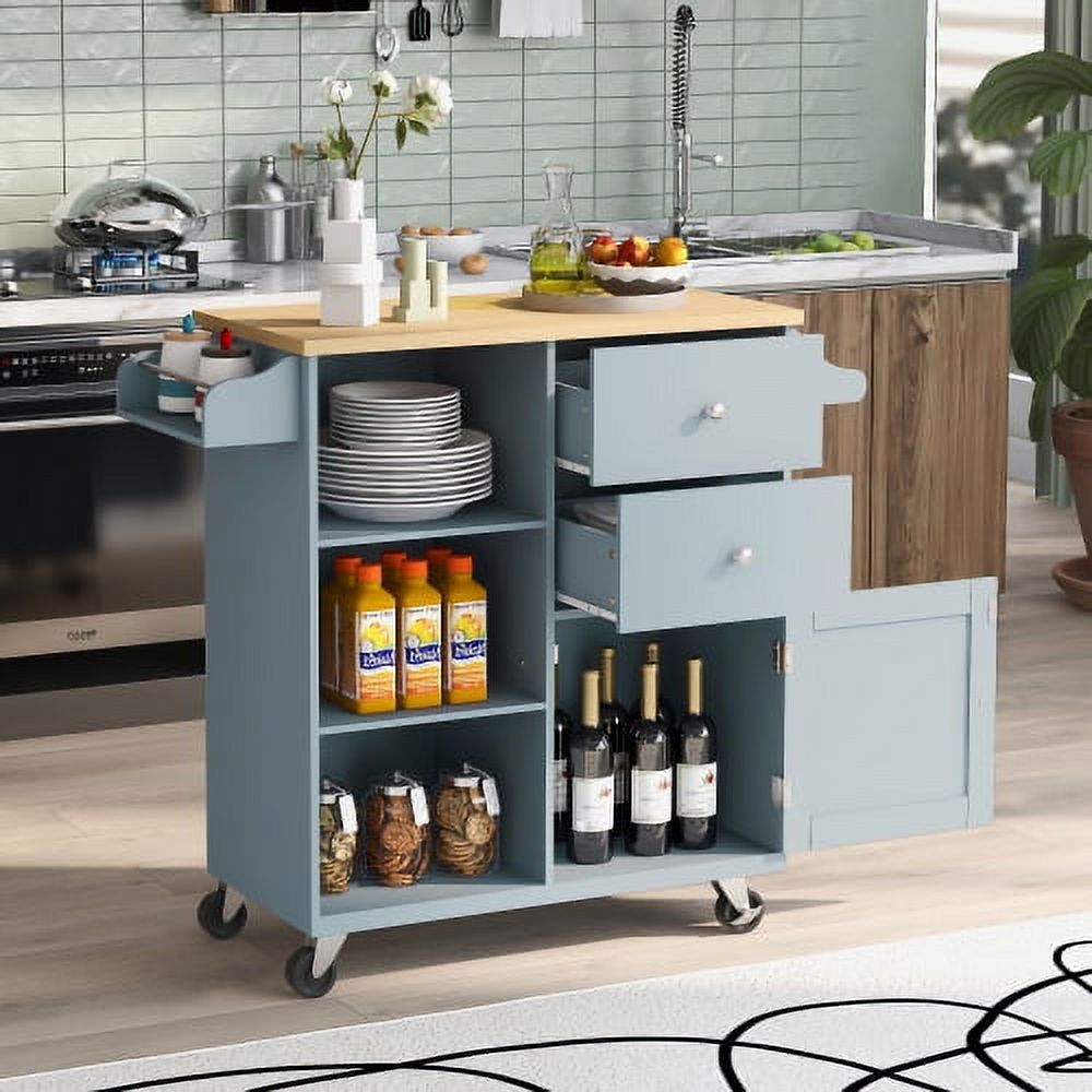 Kitchen Island Cart on Wheels with Door Cabinet 2 Drawers Towel Spice Rack Utility Cabinet with Drop Leaf Rubber Wood Top Open Shelves for Home Kitchen Dinning Room Cart Home Bar Furniture Blue