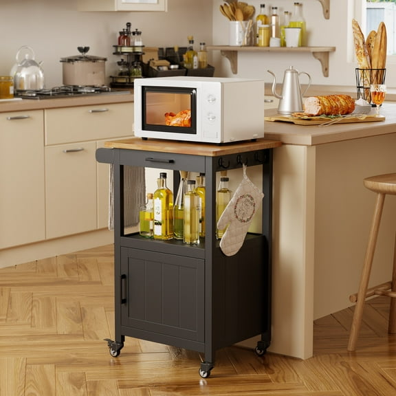 Noelse Kitchen Island Cart with Wheels, Drawer & Storage Cabinet, Small Rolling Microwave Stand for Kitchen, Black