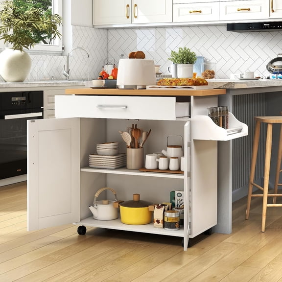 Kitchen Island Cart with Wheels, Rolling Kitchen Storage Cabinet with Drawer, Towel Rack, Spice Rack and Adjustable Shelf, Mobile Trolley Cart for Kitchen, Dining Room