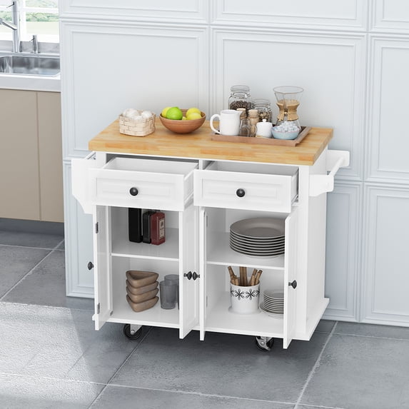 Kitchen Island Cart, Kitchen Island on Wheels with Solid Wood Desktop, Rolling Kitchen Cart with Storage Drawers and Adjustable Shelves, Utility Cabinet Carts on Lockable Wheel for Kitchen/Dining Room