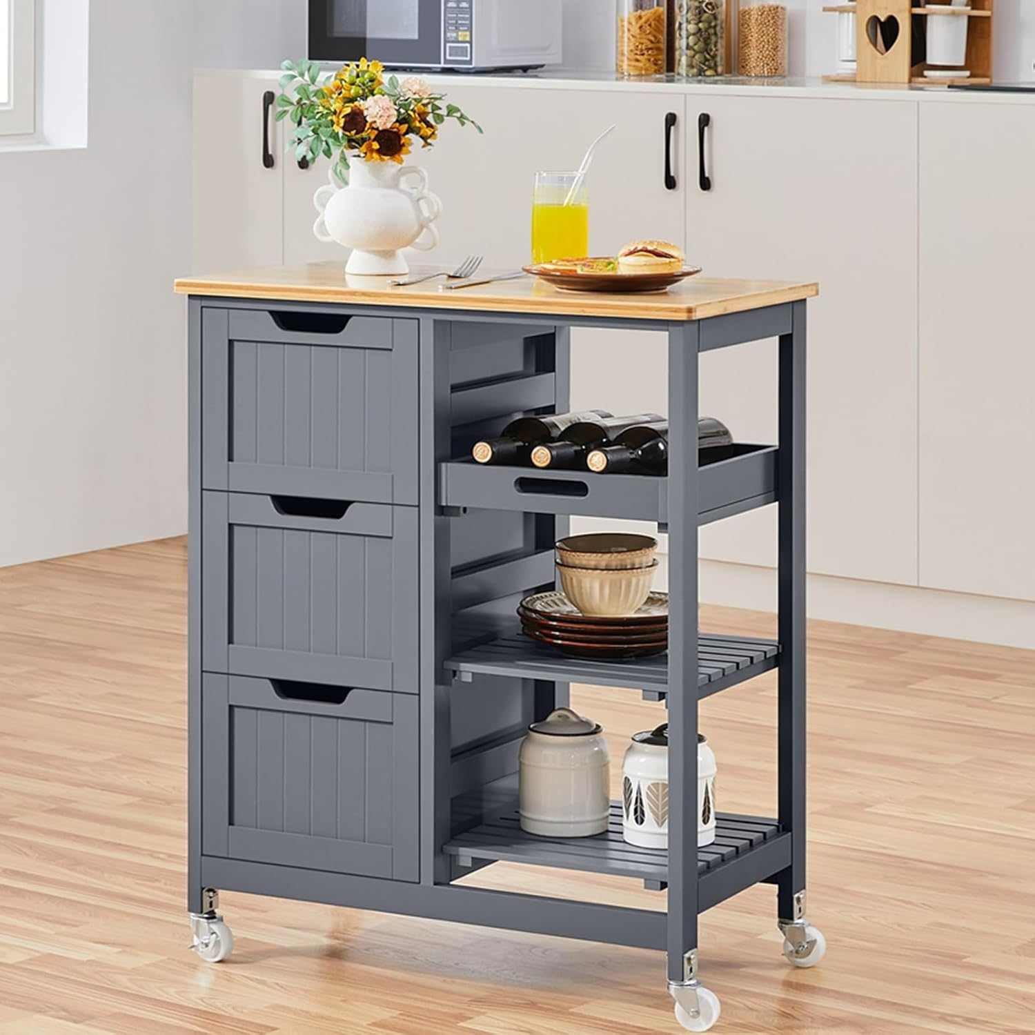 Kitchen Island Cart on Wheels with Storage Rolling Bar Cart with Solid