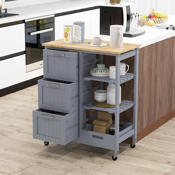 Kitchen Island Cart on Wheels with Storage, Versatile Rolling Cart with Wood Countertop, 3 Drawers, Removable Tray & Lockable Casters, Mobile Serving Trolley for Kitchen, Dining Room, Grey