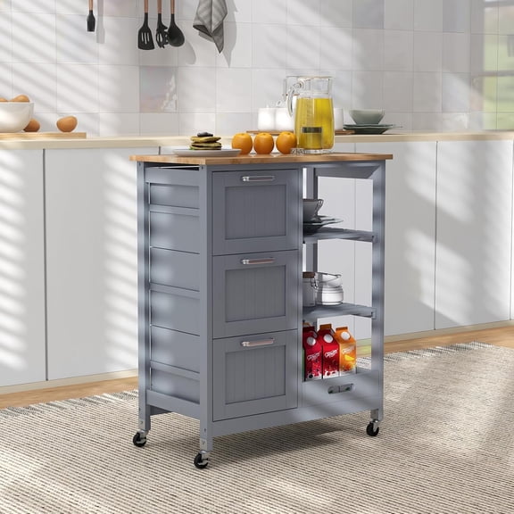 Kitchen Island Cart on Wheels w/Storage, Utility Cart w/Rubber Wood Top, 2 Removable Shelves & Removable Tray, 3 Drawers, Lockable Casters, Rolling Kitchen Table for Dining Room (Grey)