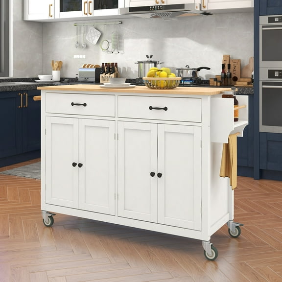 Kitchen Island Cart In White With Solid Wood Countertop, 4 Door Cabinet, 2 Drawers, Spice & Towel Rack, Lockable Wheel Assembly White, Cabinet Plenty Of Storage, Locking Wheels
