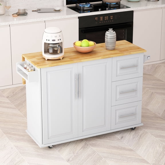 Kitchen Island Cart With 2 Door Cabinet And Three Drawers,43.31 Inch Width With Spice Rack,Towel Rack (White)