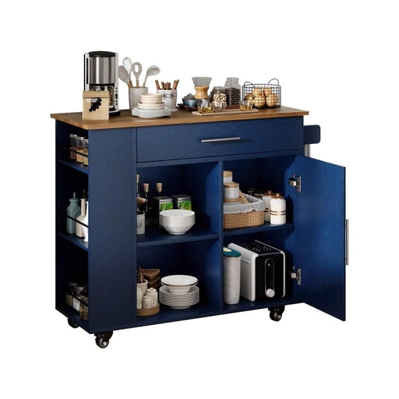 Kitchen Island Cart With Storage, 40" Kitchen Island On Wheels, Rolling Kitchen Island Table With Drawer, Storage Cabinet, Spice/Towel Rack, Blue