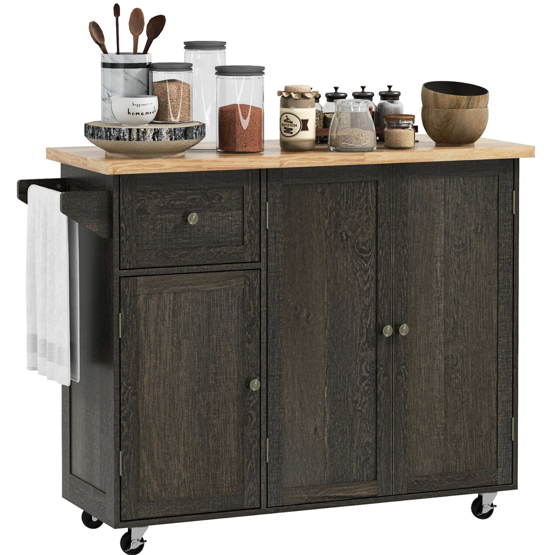 Movable Work Top Kitchen Island Cart With Wood Countertop, Towel Rack, Big Drawer ...