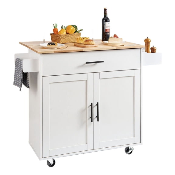 Kitchen Island Cart with Wood Top - 35.4" Rolling Kitchen Cart - White Kitchen Island with Storage, Spice Rack, Drop Leaf, Drawer - Portable Kitchen Table on Wheels