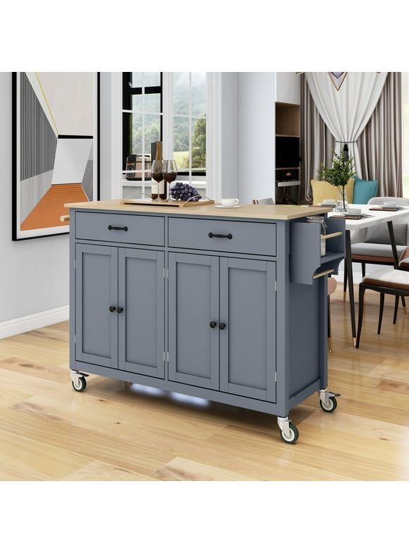 Kitchen Island Cart, Wooden Rolling Mobile Kitchen Storage Island with 4 Door Cabinet, Two Drawers & Locking Wheels, Home Kitchen Cart with Adjustable Shelves, Spice Rack & Towel Rack, Grey Blue