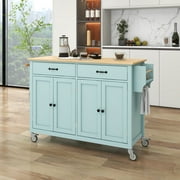 Kitchen Island Cart, Wooden Rolling Mobile Kitchen Storage Island with 4 Door Cabinet, Two Drawers & Locking Wheels, Home Kitchen Cart with Adjustable Shelves, Spice Rack & Towel Rack, Mint Green