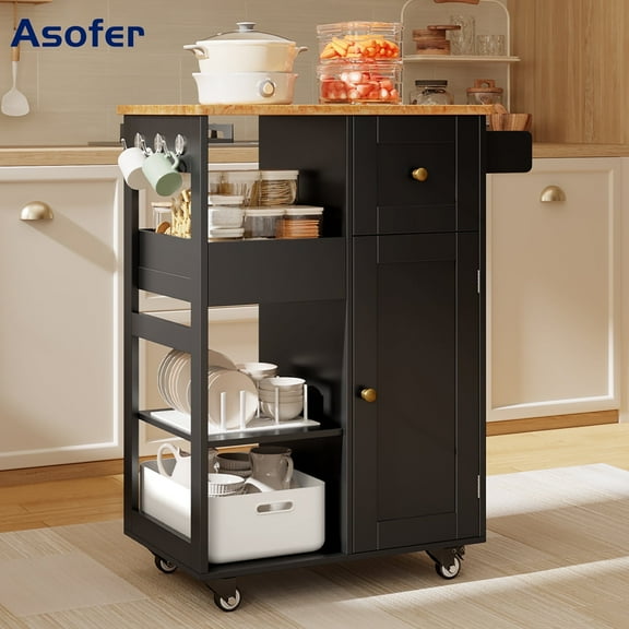 Kitchen Island Cart on Wheels, Asofer Bar Cart with Adjustable Shelf and Removable Tray for Dining Room, Black