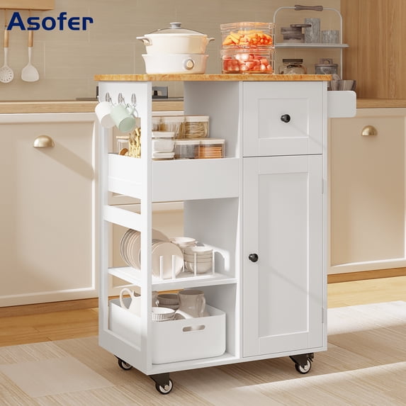 Asofer Kitchen Island Cart on Wheels, Small Coffee Cart with Storage and Drawer, White
