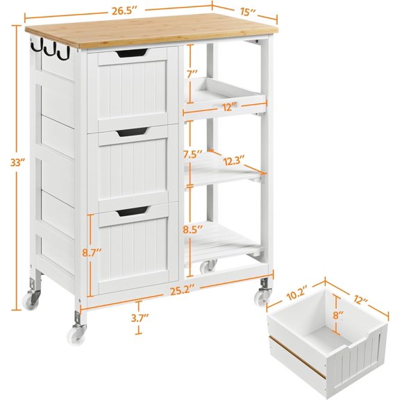 Kitchen Island Cart on Wheels, Rolling Storage Cart with  Countertop, 3 Drawers, 3 Removable Shelves & Lockable Casters for Dining Room, Bar, White