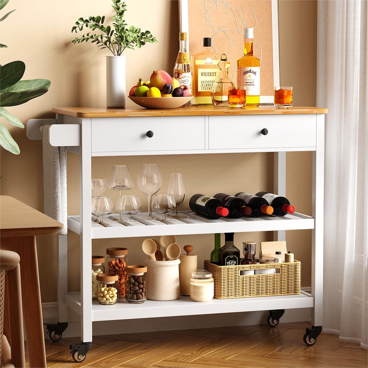 Kitchen Island Cart on Wheels with 2 Open Tiers Storage Shelves, White