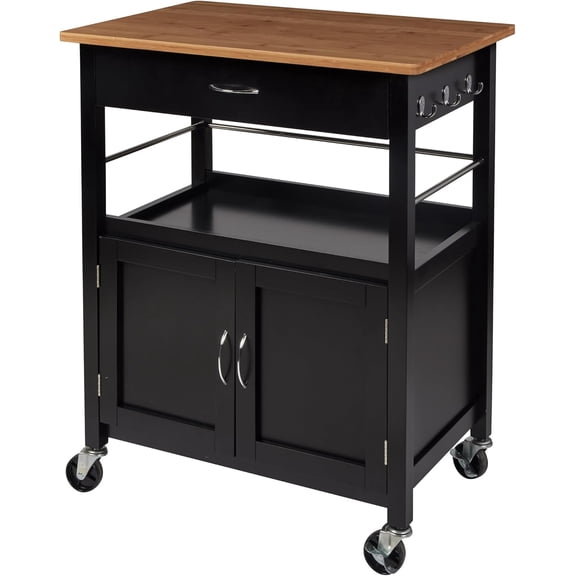 Kitchen Island Cart on Wheels with Drawer, Storage Cabinet, Shelf and Natural Bamboo Top Butcher Block, Black Base