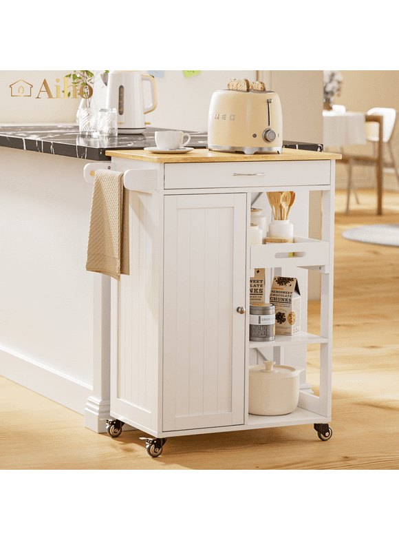 Kitchen Island Cart with 1 Cabinet and 3 Shelves,  Aiho Kitchen Cart on Wheels for Kitchen, Dining Room - White