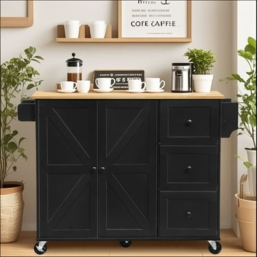 Kitchen Island Cart with 2 Adjustable Shelves, 3 Drawers, Spice Rack, Mobile Kitchen Storage Cabinet with Lockable Wheels, Black