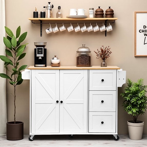 ZZBIQS Kitchen Island Cart on Wheels with Cabinet & Drawer & 2 Adjustable Shelves, Rolling Kitchen Storage Cabinet with Wine Rack, White