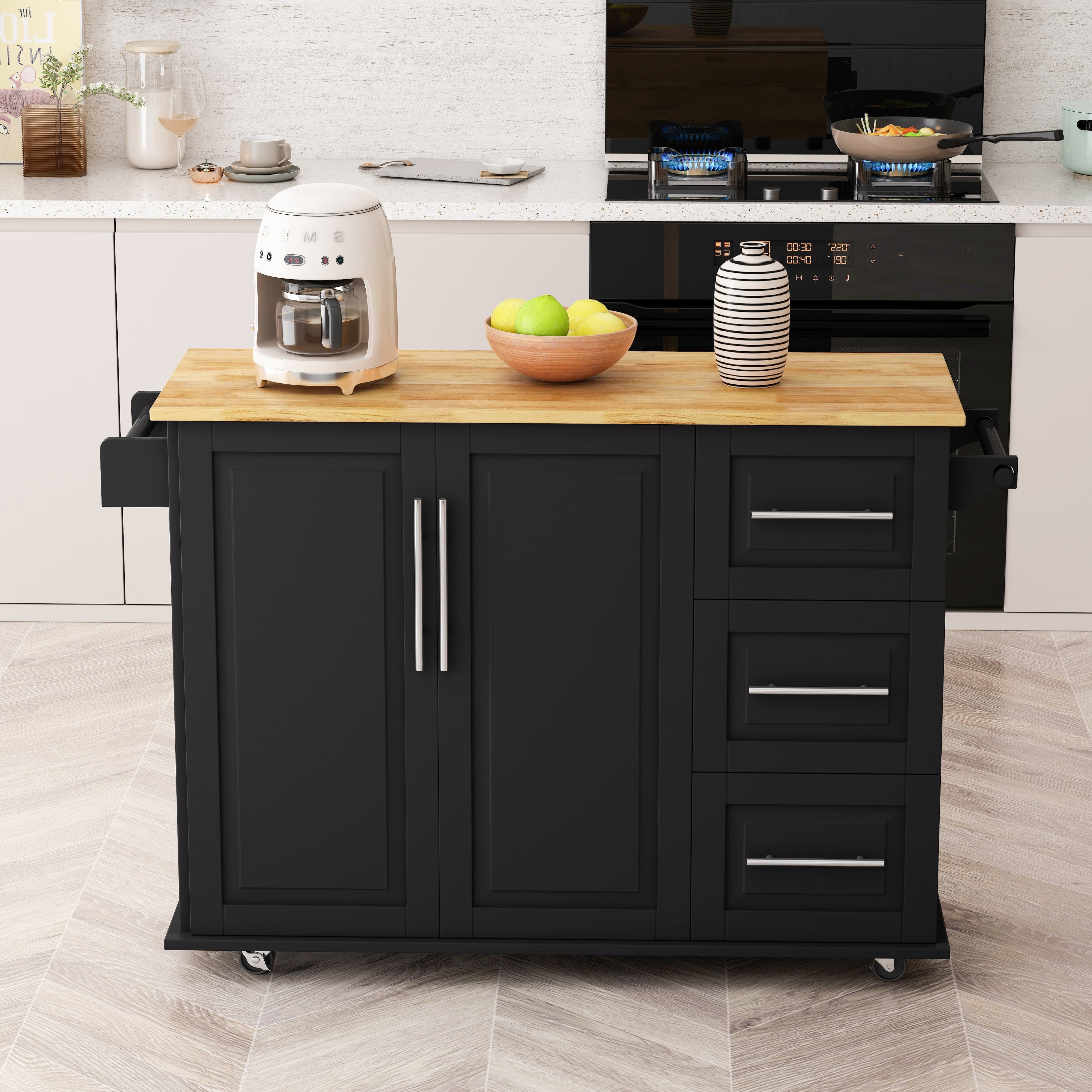 Kitchen Island Cart with 2 Door and 3 Drawers Black