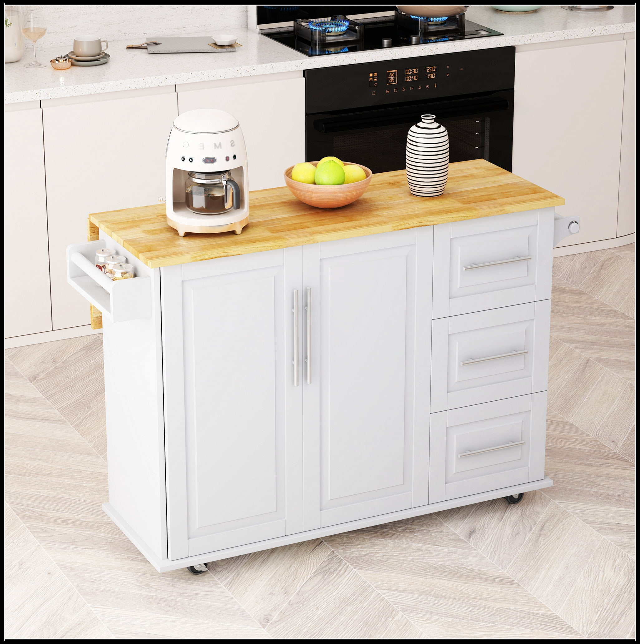 Kitchen Island Cart with 2 Door Cabinet and Three Drawers,43.31 Inch Width with Spice Rack,Towel Rack (White)