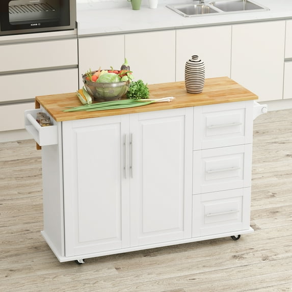 Kitchen Island Cart with 2 Door Cabinet and Three Drawers, 43.31 Inch Width with Spice Rack, Towel Rack