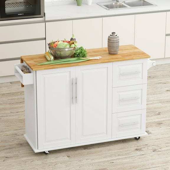 Kitchen Island Cart with 2 Door Cabinet and Three Drawers, 43.31 Inch Width with Spice Rack, Towel Rack