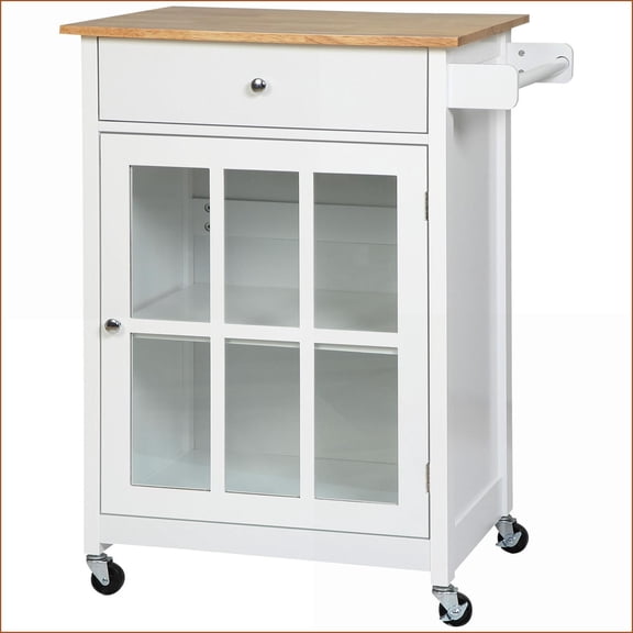 Kitchen Island Cart with Drawer & Glass Cabinet, Rolling White Trolley | Rubber Wood Top | White