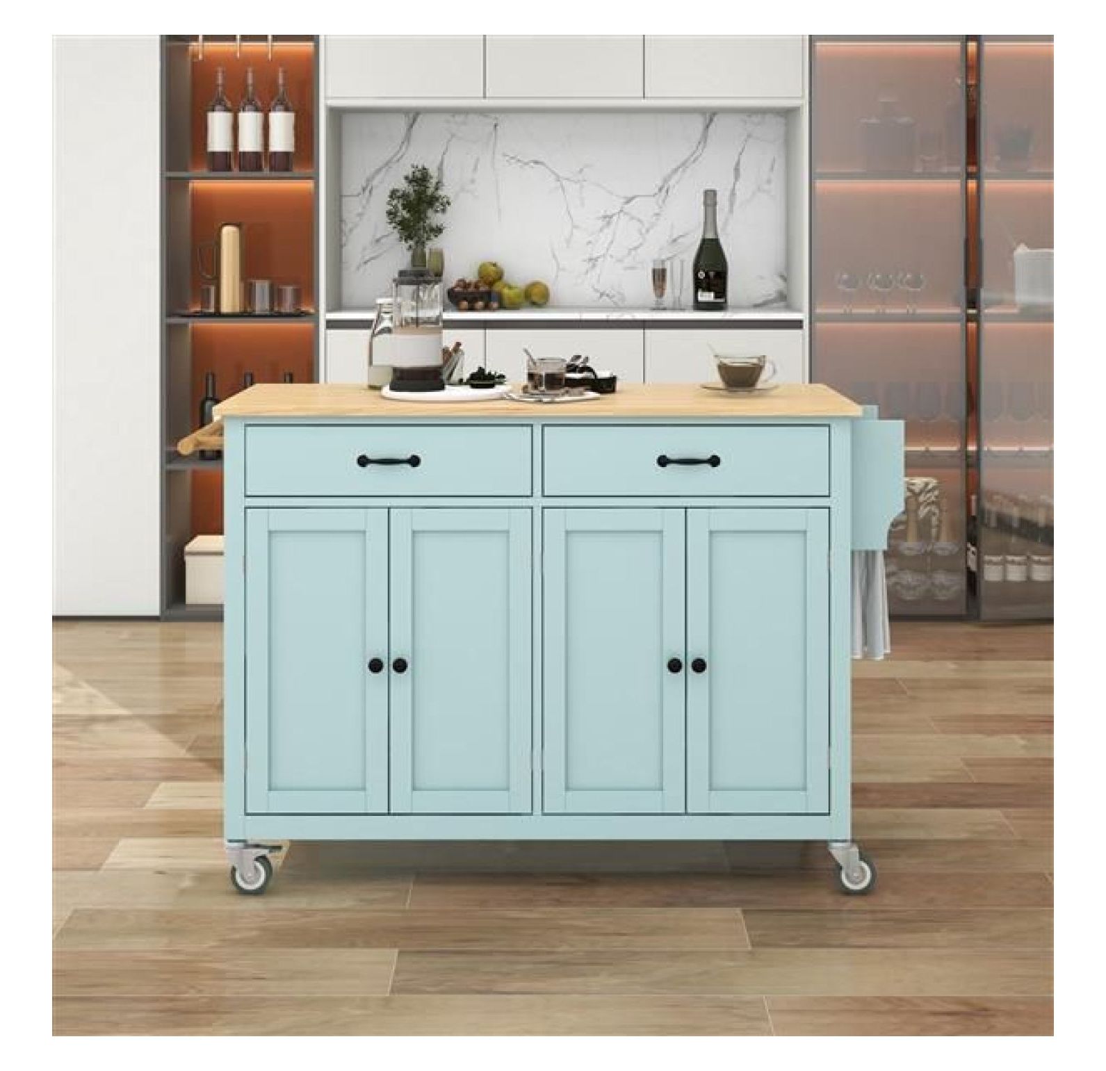 Kitchen Island Cart with Drawers & Cabinet - Solid Wood Top, Locking ...