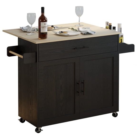 Kitchen Island Cart with Drop Leaf Countertop Solid Wood Top Rolling Mobile Cabinet with Adjustable Shelf Spice Rack Towel Bar