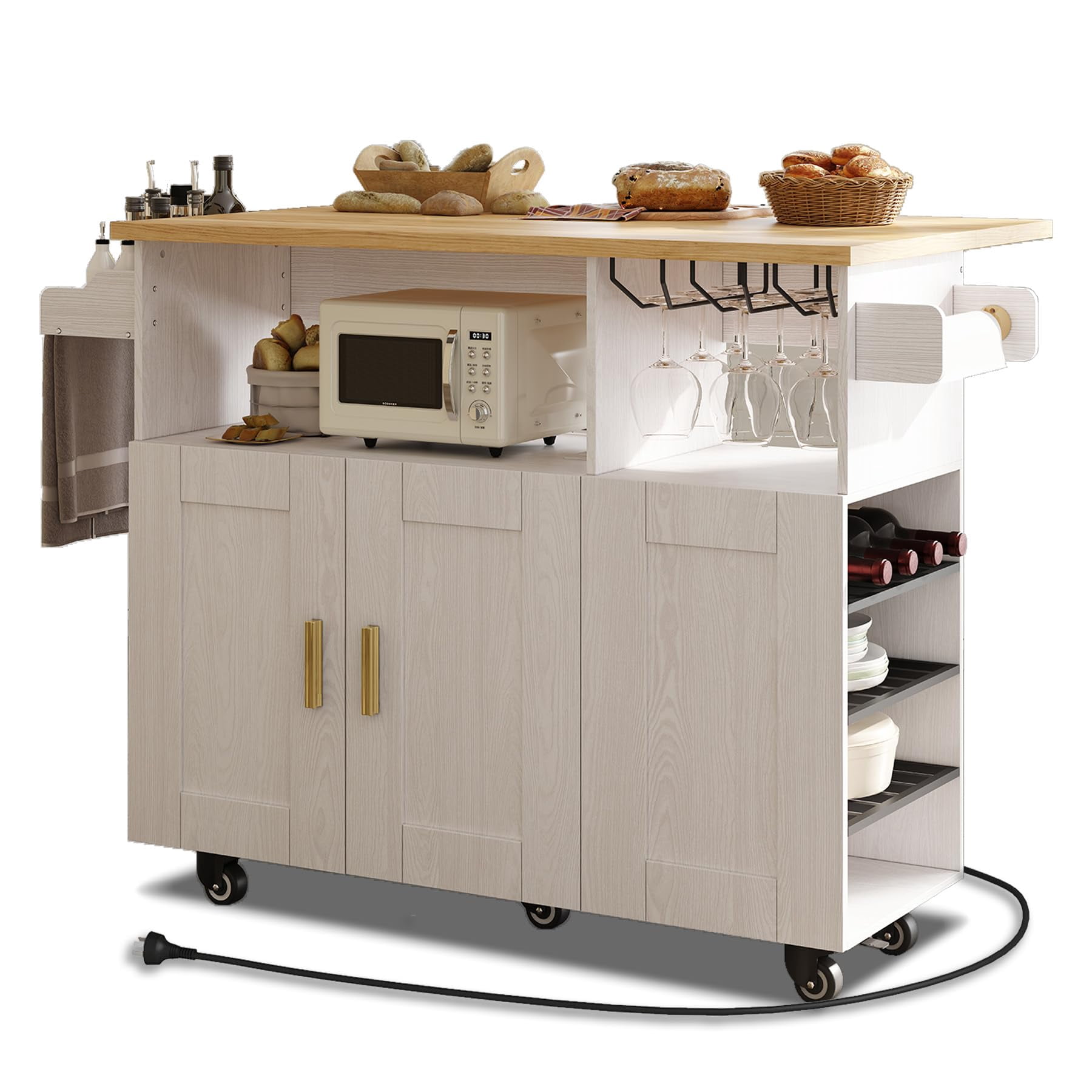 Kitchen Island Cart with Drop Leaf Design, Mobile Cabinet with Power ...