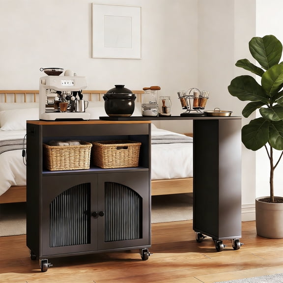 Kitchen Island Cart with Extended Table, LED Light, Power Outlets, and 3 Open Shelves, Crafted from MDF and Particle Board