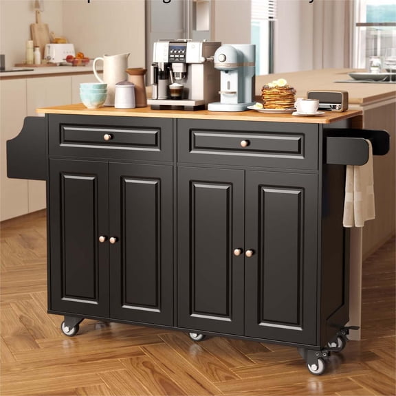 Lofka Kitchen Islands Carts with Storage, 52” kitchen Islands with 2 Storage Cabinet, Spice Rack, Towel Rack, Black