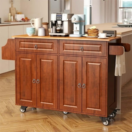 Lofka Kitchen Islands Carts with Storage, 52” kitchen Islands with 2 Storage Cabinet, Spice Rack, Towel Rack, Brown