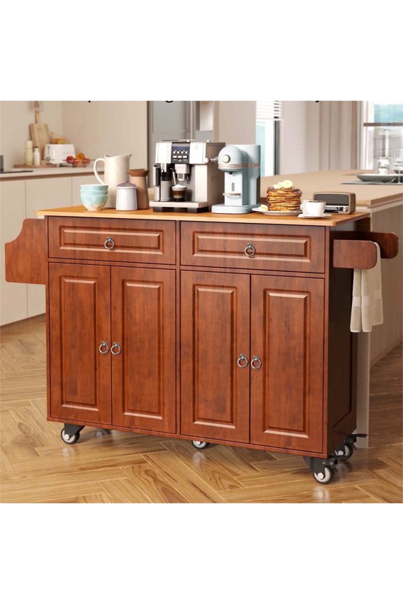 Kitchen Islands Carts with Storage, 52” kitchen Islands with 2 Storage Cabinet, Spice Rack, Towel Rack, Brown