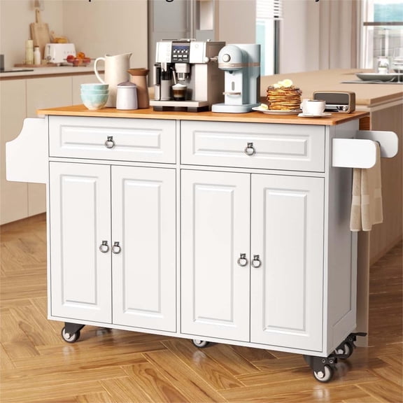 Lofka Kitchen Islands Carts with Storage, 52” kitchen Islands with 2 Storage Cabinet, Spice Rack, Towel Rack, White