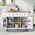 thumbnail image 1 of Kitchen Island Cart with Rubber Wood Drop-Leaf, Storage Cabinets & 3 Drawers, Rolling Wheels – White | Faux Wood, 1 of 20