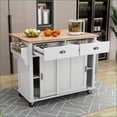 thumbnail image 1 of Kitchen Island Cart with Rubber Wood Drop-Leaf, Sliding Barn Door, Locking Wheels & Storage | White | MDF, 1 of 26