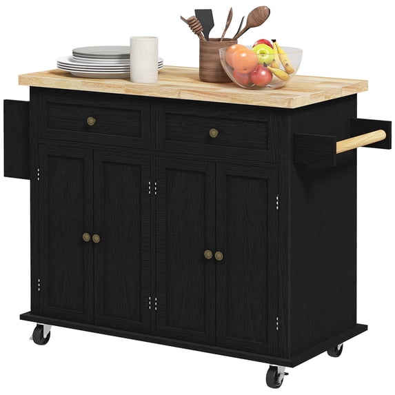 Kitchen Island Cart with Rubber Wood Top, Rolling Kitchen Island Table with Drawers, Adjustable Shelves, Spice Rack & Towel Rack — Black