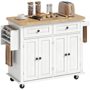 Kitchen Island Cart with Rubber Wood Top, Rolling Kitchen Island Table with Drawers, Adjustable Shelves, Spice Rack & Towel Rack   White